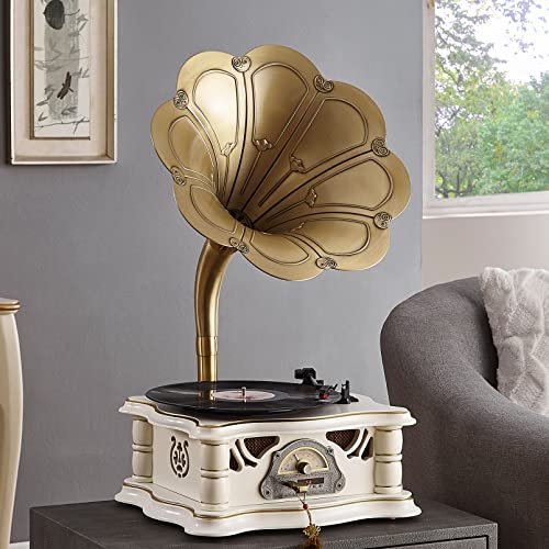 Gramophone Record Player Vintage,Retro Phonograph Vinyl Record Player,Horn Vinyl Tocadiscos DJ Turntable,Gramophone Bluetooth Speaker with USB Audio for Home/Villas/Restaurants/Parties/Classical Fans
