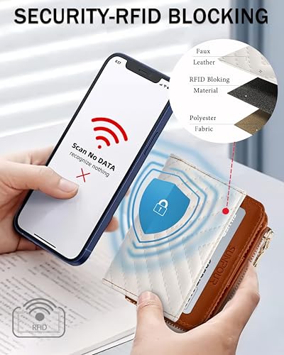 Image of Small Bifold Wallets Woman RFID Mini Wallet for Women Slim Card Holder with Zipper Coin Pocket & 2 ID Windows (Beige&Brown)