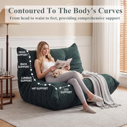 Image of Bean Bag Loveseat for Adults, 51.18 inch Double Floor Lounge Sofa with Reinforced Armrests, 30D High-Density Foam Support, Premium 450G Velvet Soft Seating for Living Room & Bedroom, Dark Green