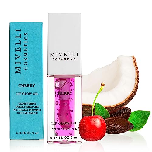 MIVELLI Hydrating Lip Glow Oil - Plumping Lip Gloss with Jojoba Oil, Camelia Seed Oil - Non-Sticky Clear Lip Oil - Nourishing Lip Balm with Collagen, Vitamins E, A, Antioxidants - Vegan Lip Care Oil (Cherry Clear)