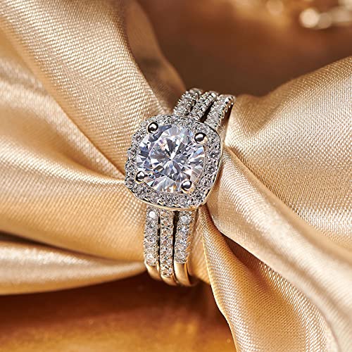 18K Gold Plated Cubic Zirconia Engagement Rings For Women 2 Carat AAAAA CZ Halo Size 4-12 (Silver, 11)2