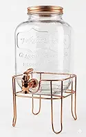 Suqueira de Cristal com Suporte, 5 Litros, Dispenser de Bebidas com Torneira Prateada e Tampa de Alumínio, Base Metálica AGUA SABORIZADA (Bronze)