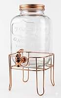 Suqueira de Cristal com Suporte, 5 Litros, Dispenser de Bebidas com Torneira Prateada e Tampa de Alumínio, Base Metálica AGUA SABORIZADA (Bronze)