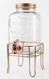 Suqueira de Cristal com Suporte, 5 Litros, Dispenser de Bebidas com Torneira Prateada e Tampa de Alumínio, Base Metálica AGUA SABORIZADA (Bronze)