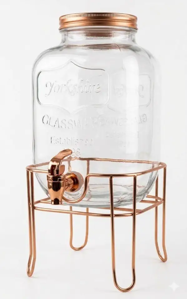 Suqueira de Cristal com Suporte, 5 Litros, Dispenser de Bebidas com Torneira Prateada e Tampa de Alumínio, Base Metálica AGUA SABORIZADA (Bronze)