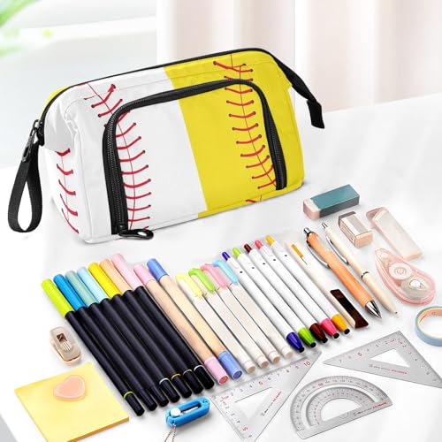 Image of Baseball Softball Big Capacity Pencil Pen Case Large Pencil Pouch | Portable Multi Compartment Zipper Pencil Bags Stationery Storage for Men Women College Office