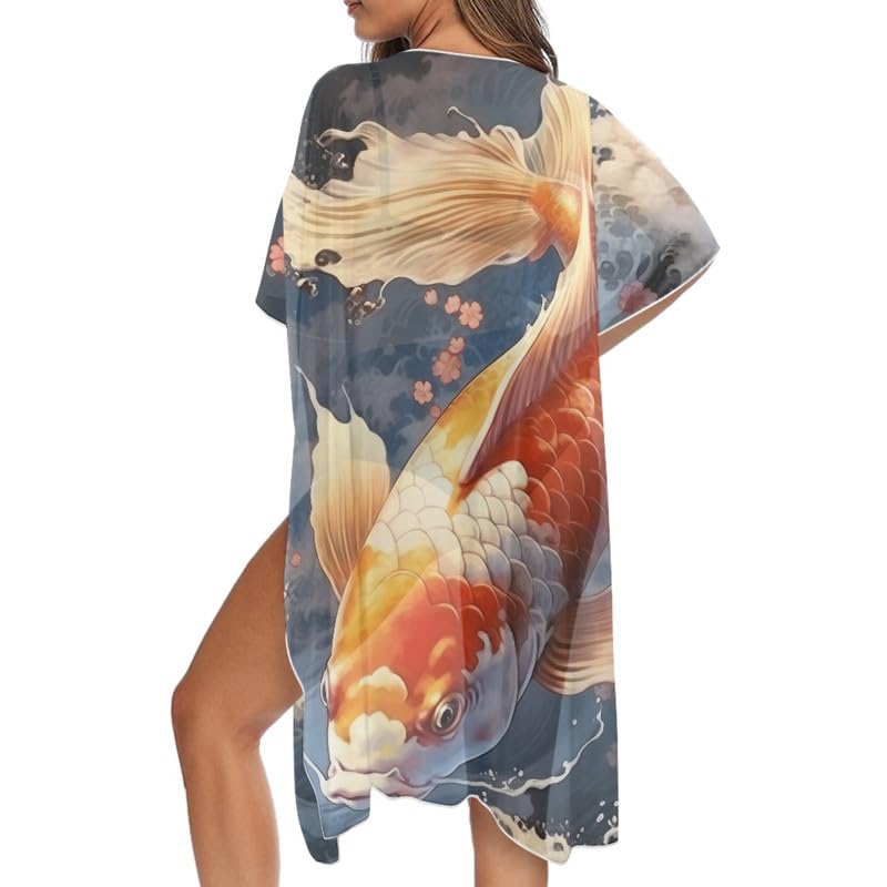 Irisjudy Women's Flowy Beach Kimono Boho Long Bikini Cover Up Dress, Tropical Style Short Sleeve Summer Kimono Cardigans