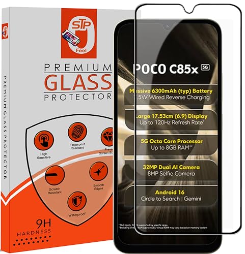 Image of STP FEEL Premium Tempered Glass Screen Protector Guard Compatible For Poco C85X 5G (6.9 Inch, Pack of 1) | Edge to Edge Coverage With Easy to installation kit for Smartphone