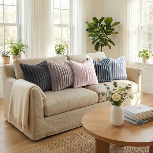 Image of Pallene Faux Fur Plush Throw Pillow Covers 22x22 Set of 2, Luxury Soft Fluffy Striped Decorative Pillow Covers for Sofa, Couch, Living Room, Light Coffee