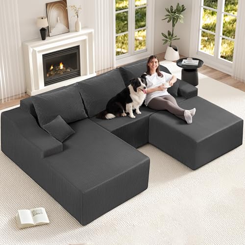 Image of HABUTWAY 94 inch U Shaped Modular Sectional Couch for Living Room, Modular Cloud Sofa with Ottoman, No Assembly Boneless Couches with Deep Seat, Corduroy Fabric (Grey, Left Facing)