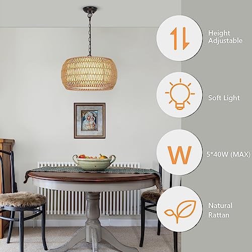 Pauful 230313A1 Rattan Farmhouse Chandelier Light Fixtures, 5-Lights Boho Large Pendant Light,Hand Woven Chandeliers For Dining Room thumb #2