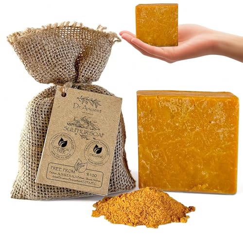 Dr.Ancient Jabón de Azufre, Orgánico Natural Vegano Tradicional Hecho a Mano Antiguo - Antibacteriano, Eficaz Para el Acné - Absolutamente Sin Químicos Jabón natural puro 140 g (Paquete de 1)