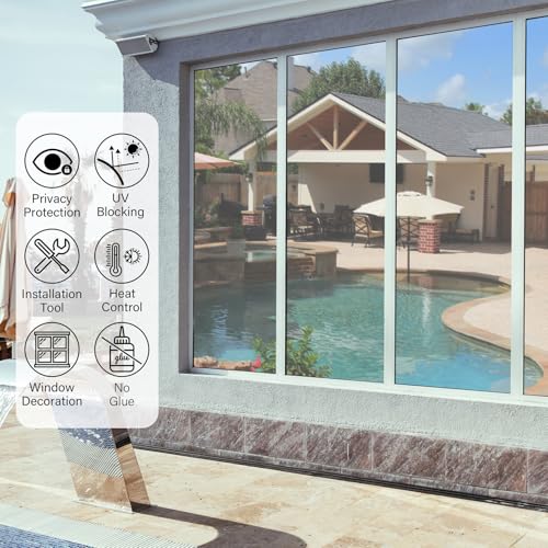 Kromapolis One Way Window Privacy Film Reflective Mirror Home Window Tint, Daytime Privacy Heat Control Anti UV Glass Tinting Static Cling (Silver, 45.2 x 393.7 inch)