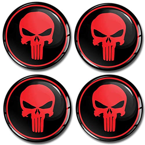 Skino 4 x 60 mm adhesivos resinados 3D Gel Stickers Auto Tapacubos Universal Logo Silicona Autoadhesivo Escudo Tapones Ruedas Punisher Skull Calavera Rojo A 360
