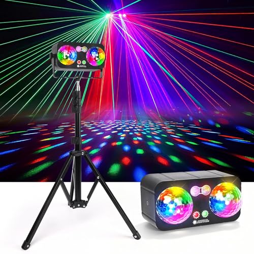 Lumières Disco 6 en 1 avec Trépied, Jeu de Lumière Disco avec 2 Boules Disco Lumière DJ RGB Activée par Musique, Effet Stroboscopique, Lampe de Scène...
