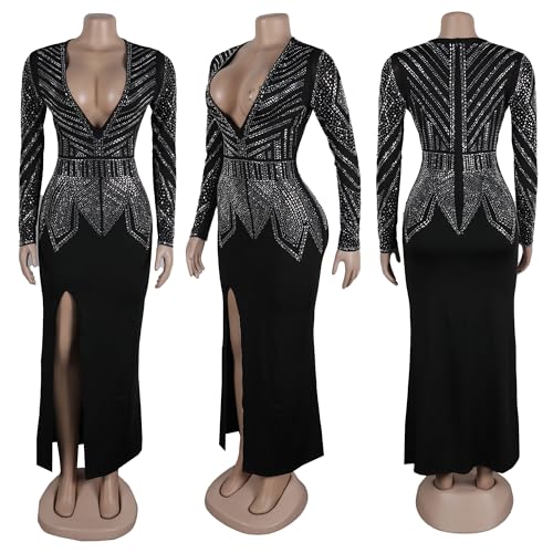 Image of PORRCEY Women's Sexy Rhinestone Lace Sheer Mesh Formal Evening Dress