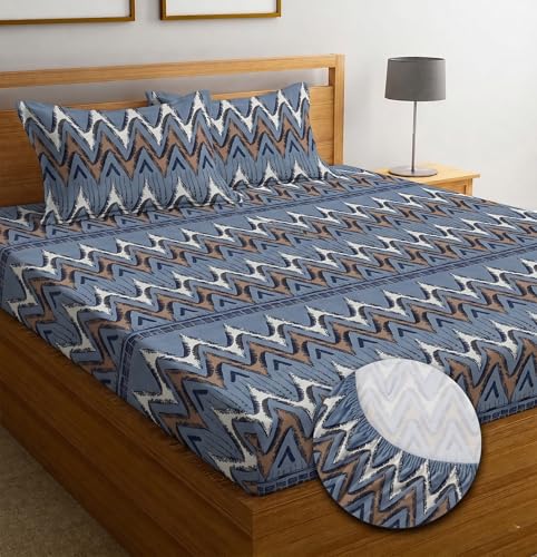 Image of IVAZA Ezyption Cotton Super Soft 240 TC Elastic Fitted All Around Elastic Printed King Size Double Bed Bedsheet with 2 Pillow Cover 72 inch X 78 inch3 Grey Sky