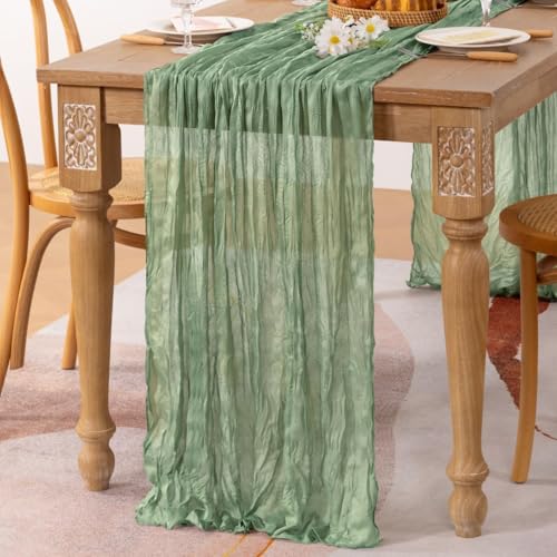 Image of MLMC Sage Green Table Runner 10ft Rustic Gauze Cheesecloth Table Runner Sage Cheese Cloth Centerpiece Decor 35x120 Inches for Boho Wedding Bridal Shower Party Decor