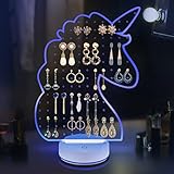 Unicorn Shaped LED Earring Organizer - Acrylic Earrings Pegboard Holder Stand with 133 Holes, 7 Colors of Light and 9 Transformed Modes, Beautiful Earring Storage Board for Jewelry Earrings Display