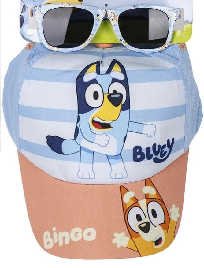 CERDÁ LIFE'S LITTLE MOMENTS Set Gorra y Gafas de Sol de Bluey - Color Azul y Marrón - Protección UV 400 y Filtro de Categoría 3 - Gorra Infantil con Velcro Ajustable - Producto Original Diseñado en España