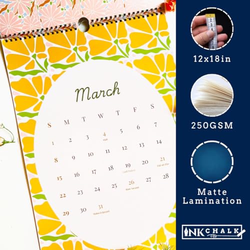 Image of 12 inchx18 inch Floral Wall Calendar 2026 | Full-Page Tile Patterns | Modern 2D Art | Matte Laminated | Indian Holidays | Wiro-Bound