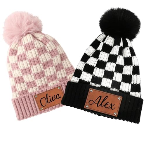 Personalized Name Baby Beanie Hat,Custom Checkered Newborn Baby Toddler Winter Snow Cap