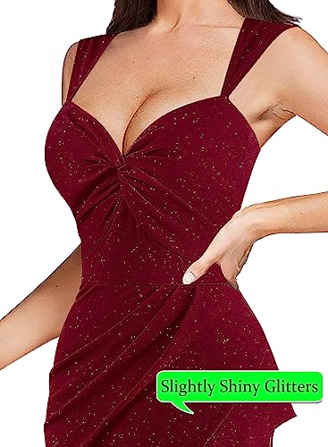 Image of VFSHOW Womens Glitter Sweetheart V Neck Twist Front Backless Ruched Ruffle Slit Formal Evening Gown Maxi Dress