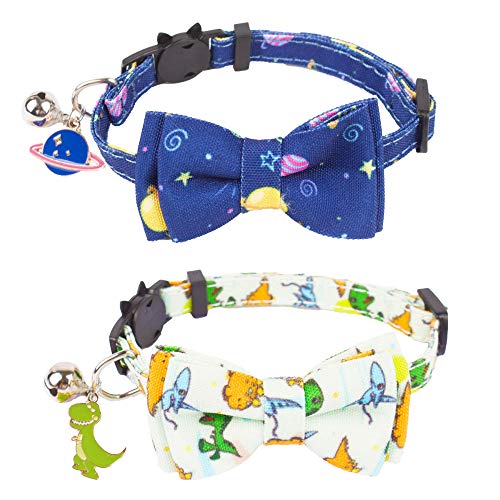Cat Collar Breakaway with Cute Bow Tie Bell - 2 Pack Kitten Collar with Removable Bowtie Universe Dinosaur Rainbow Sea Pattern Cat Bow tie Collar for Cat Kitten Kitty(Universe & Dinosaur)