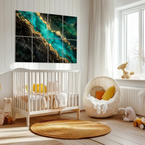 Kanworse Paneles Acústicos Decorativos de 8 Piezas 48"x32" Fibra de Poliéster Negro Mármol Abstracto Verde Malaquita Venas Doradas Estilo Kintsugi Japonés miniatura 6