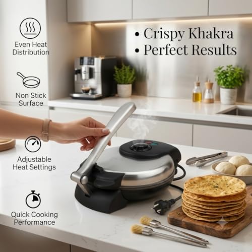Image of (10 Years Assured Warranty) 1000W Electric Roti and Khakra Maker, Non Stick Cooking Plate with Adjustable Temperature Control & Durable Stainless Steel Body for Easy Cooking