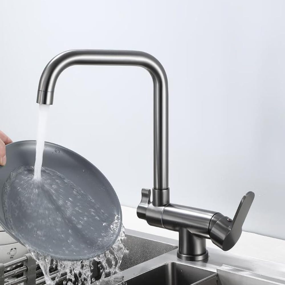 Küchenarmatur 3 Wege, Wasserhahn Küche Klappbar Vorfenster, 360° Schwenkbar 2 Griffe Messing Spültischarmatur 3 Wege-Grau