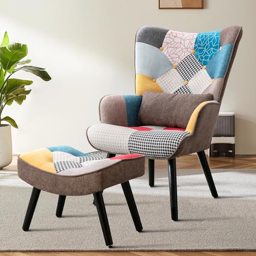 Matomn Relaxsessel mit Hocker Patchwork Sessel Holz Sessel Wohnzimmer...