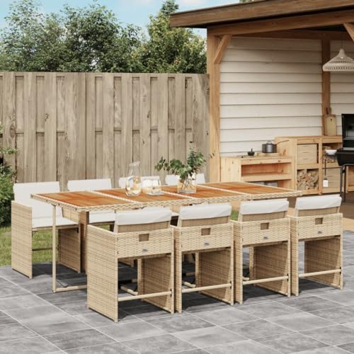 Image of 9-Piece Patio Dining Set with 8 Beige PE Rattan Foldable Chairs and Rectangular Table for Outdoor Space, Durable UV-Resistant Poly Rattan Furniture, Comfortable High-Backed