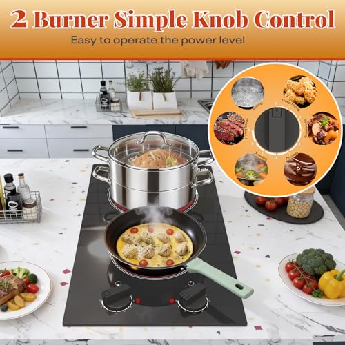 Image of 2 Burner Electric Cooktop - 110v Countertop and Built-in Electric Stove 2000W, 12 Inch Ceramic Stove with Residual Heat Indicator, Over-Temperature Protection, Knob Control, 110-120V Plug in