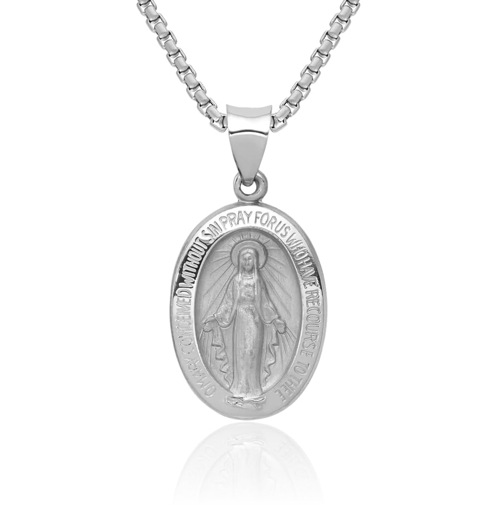 IceCarats 14K Solid White Gold Our Lady of Miraculous Medal Blessed Virgin Mary Necklace Chain Pendant Charm