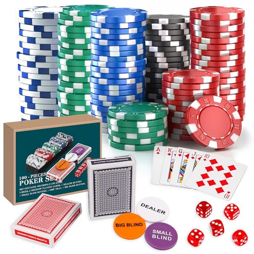 Kiddie Play Poker Chips Set 100 PCS 11.5 Gram Chips with Dice for Texas Hold’em Blackjack Gambling