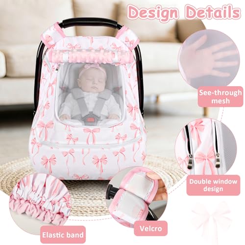 Image of Baby Car Seat Cover with Mesh Window, Windproof Carseat Cover for Infant Girls, Infant Carseat Canopy with with Dual Zipper, Compatible with Most Baby Car Seat, Pink Bow