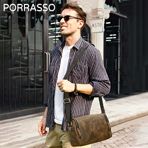 PORRASSO Men's Shoulder Bag Genuine Leather Messenger Bag Multi-pocket Crossbody Bag Briefcase for Work Daily Use Coffee2