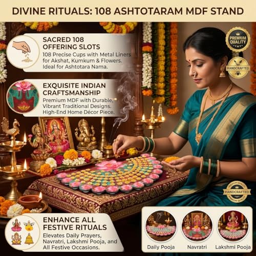 Image of Ashtotaram Stand 108 Flower Stand for Puja, Premium MDF Base with Digital Print, Puja Chowki for Ashtottara Archana (With out Flowers) (Var2)