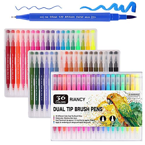Dual Brush Art Markers for Calligraphy Writing- Riancy Felt Tip Colored Pens 36 Water Based Markers for Adult Coloring Drawing Sketching Bullet Journaling Artist Day Back To School Art Supplies Gift