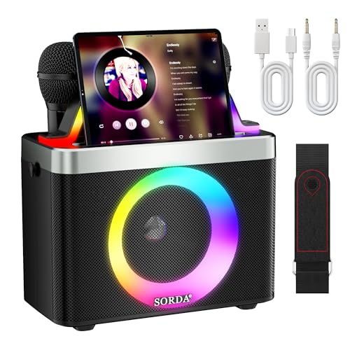 SORDA Portable Karaoke Machine for Adult Kid, Bluetooth Speaker with 2 Rechargeable Wireless Microphones, Shoulder Strap, Voice Change, Support Echo/USB/AUX, for Outdoor Indoor Gathering Party Gifts