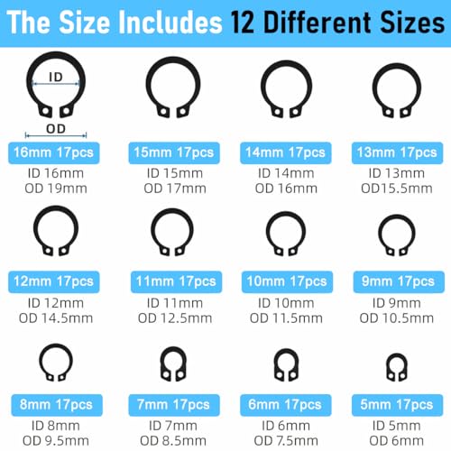 Image of Serplex 324Pcs C-Clips Set with 2 Designes & 24 Sizes Assorted Sized Carbon Steel Circlips 2.0mm-12mm Metric External Circlips Retaining Ring Snap Rings Assortment Kit