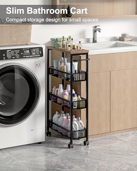 VECELO 4 Tier Slim Rolling Cart Organizer, Rolling Carts On Wheels with Storage, Sturdy Metal Frame Narrow Cart with Handle, Space Saving for Kitchen, Bathroom, Laundry, Rustic Brown-ehI8PDar