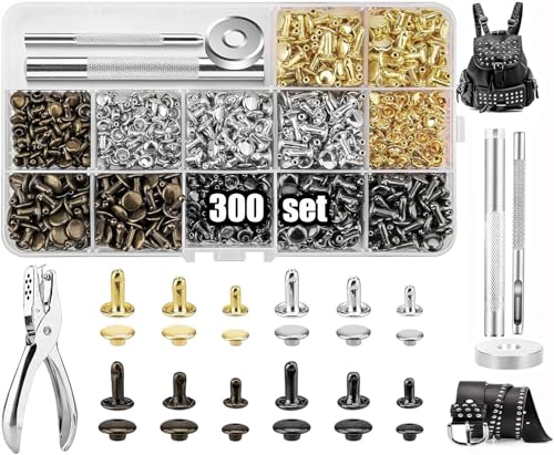 Guidre Remaches De Cuero,300 Juego de Remaches de Doble Cara de 6/8 Mm Con 4 Herramientas,Adecuado Para La ArtesaníA Diy de Cinturones de Cuero Zapatos Sombreros Ropa etc