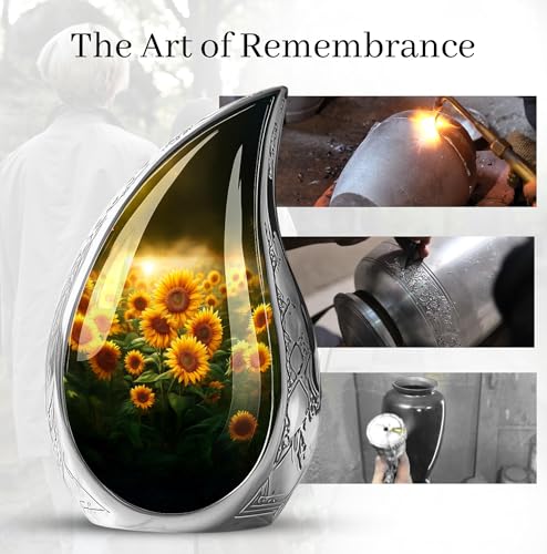 Image of Teardrop Sunflower Urn for Ashes for Women - Funeral Urns for Adult Ashes Women - Yellow Sunflower Urn for Human Adult Male and Female - Large Cremation Urns for Male 10inch