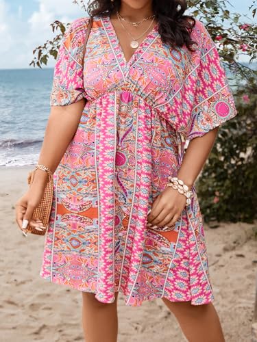 Floerns Women's Plus Size Wrap V Neck Short Sleeve Ruffle Hem A Line Short Dress3