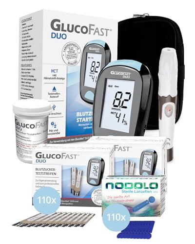GLUCOFAST Duo Blutzuckermessgerät Set mit 110 Teststreifen & 110 Lanzetten | Messgerät mmol/L | Präzise Blutzuckermessung | Einfache Anwendung