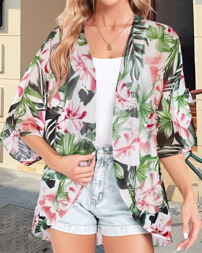 Image of Women Kimono Cardigans Casual Summer Tops Cover up Open Front Floral Print Resort Wear 2026