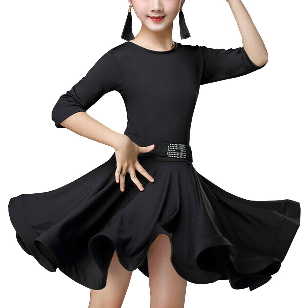 YM YOUMU Girls Latin Dance Skirt Kid Salsa Rumba Samba Dance Dress Ballroom Dancewear for Dance Practice Performance (Black, 130CM)