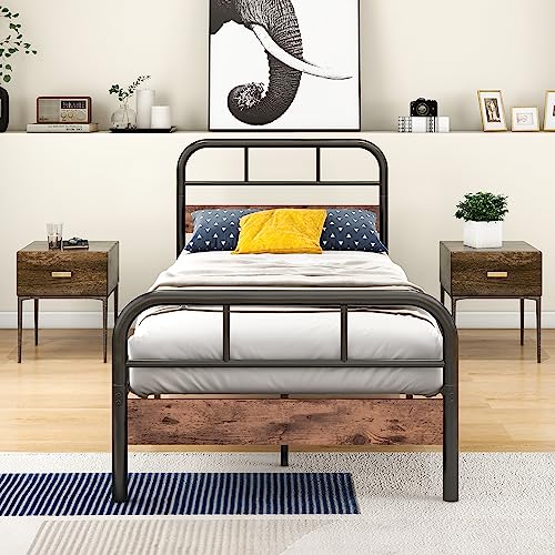 BORPHOM Metallbett Aus Metall 120x200 Bettgestell Mit Lattenrost,Bettrahmen Holz Mit Stauraum Kopfteil,Für Erwachsene, Kinder, Jugendliche,Doppelbett 120x200 Bett,Vintage Braun+Schwarz